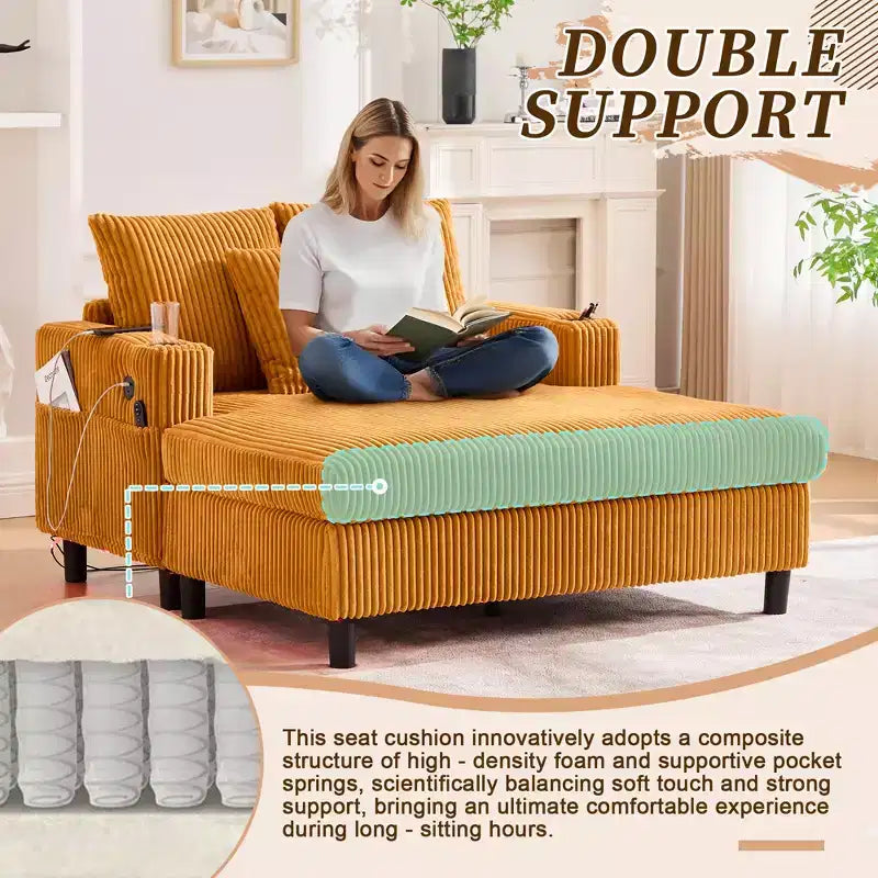 Oversized Upholstered Chaise Lounge Lazy Sleeper Sofa Bed Reading Couch with 3 Pillows, USB & Type-C port, Cup Holder, Side Pocket - ModernLuxe