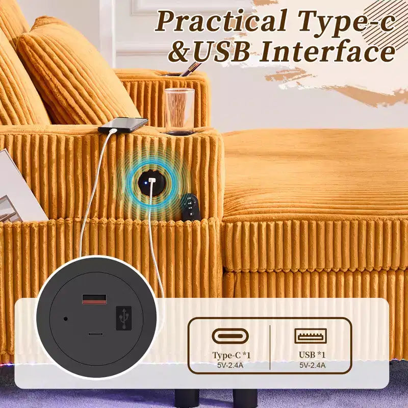 Oversized Upholstered Chaise Lounge Lazy Sleeper Sofa Bed Reading Couch with 3 Pillows, USB & Type-C port, Cup Holder, Side Pocket - ModernLuxe