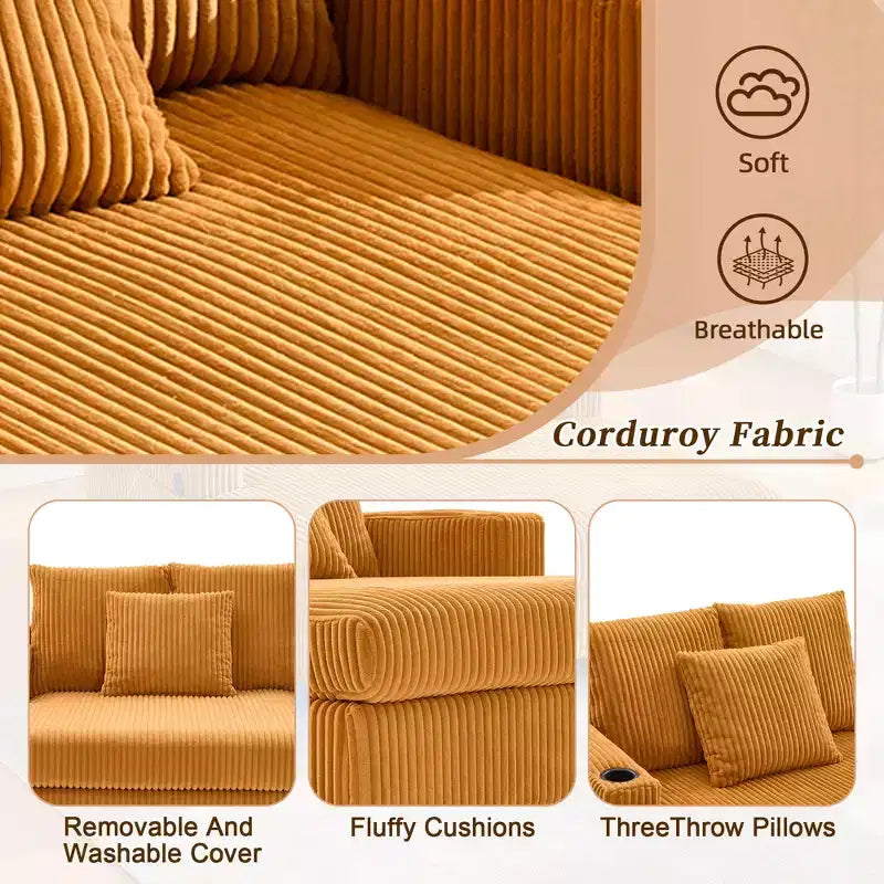 Oversized Upholstered Chaise Lounge Lazy Sleeper Sofa Bed Reading Couch with 3 Pillows, USB & Type-C port, Cup Holder, Side Pocket - ModernLuxe