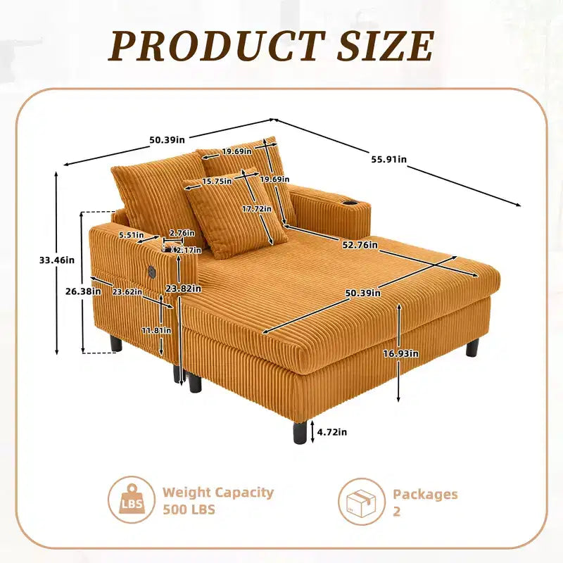 Oversized Upholstered Chaise Lounge Lazy Sleeper Sofa Bed Reading Couch with 3 Pillows, USB & Type-C port, Cup Holder, Side Pocket - ModernLuxe