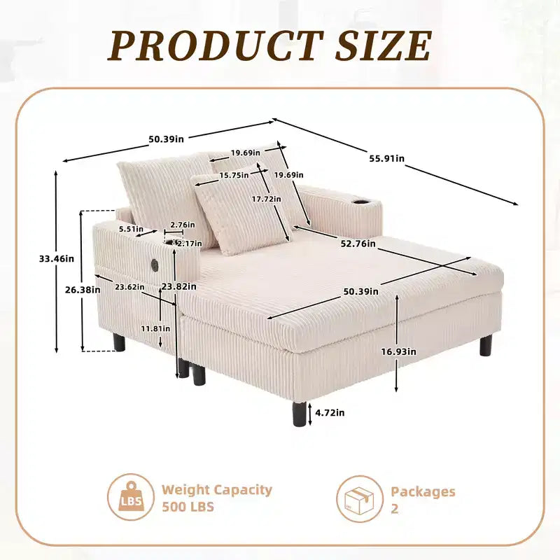 Oversized Upholstered Chaise Lounge Lazy Sleeper Sofa Bed Reading Couch with 3 Pillows, USB & Type-C port, Cup Holder, Side Pocket - ModernLuxe