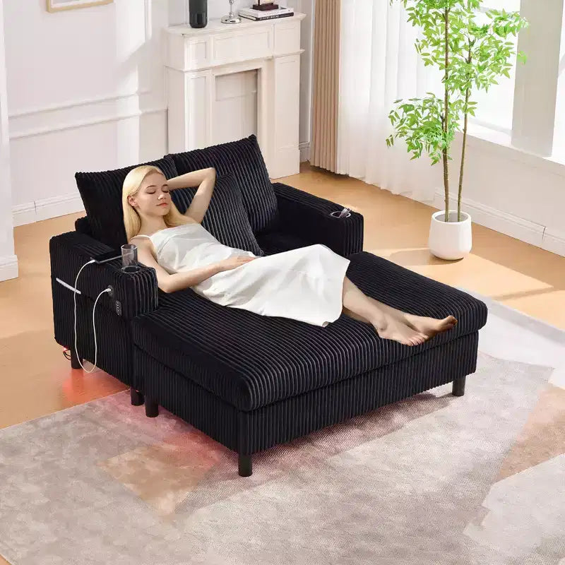 Oversized Upholstered Chaise Lounge Lazy Sleeper Sofa Bed Reading Couch with 3 Pillows, USB & Type-C port, Cup Holder, Side Pocket - ModernLuxe