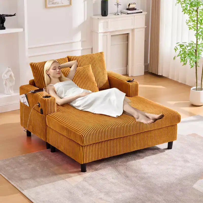Oversized Upholstered Chaise Lounge Lazy Sleeper Sofa Bed Reading Couch with 3 Pillows, USB & Type-C port, Cup Holder, Side Pocket - ModernLuxe