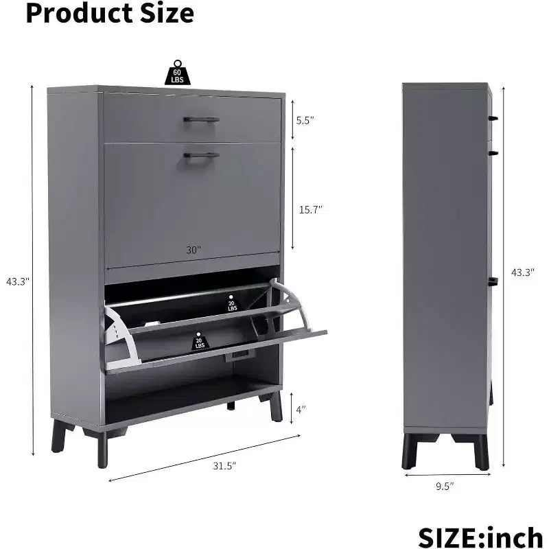 Acekool Shoe Cabinet, Slim 2 Flip Drawer MDF Shoe Organizer with Top Drawer, Anti-Tip, Space-Saving Storage