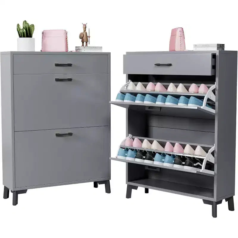 Acekool Shoe Cabinet, Slim 2 Flip Drawer MDF Shoe Organizer with Top Drawer, Anti-Tip, Space-Saving Storage