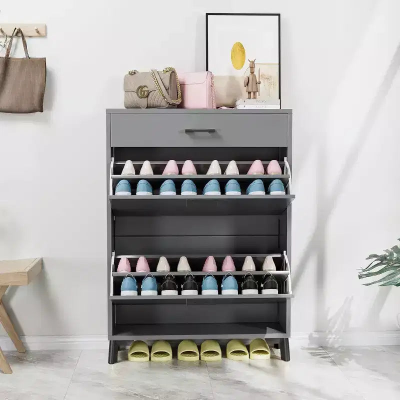 Acekool Shoe Cabinet, Slim 2 Flip Drawer MDF Shoe Organizer with Top Drawer, Anti-Tip, Space-Saving Storage