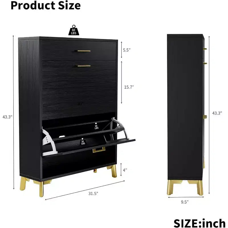 Acekool Shoe Cabinet, Slim 2 Flip Drawer MDF Shoe Organizer with Top Drawer, Anti-Tip, Space-Saving Storage