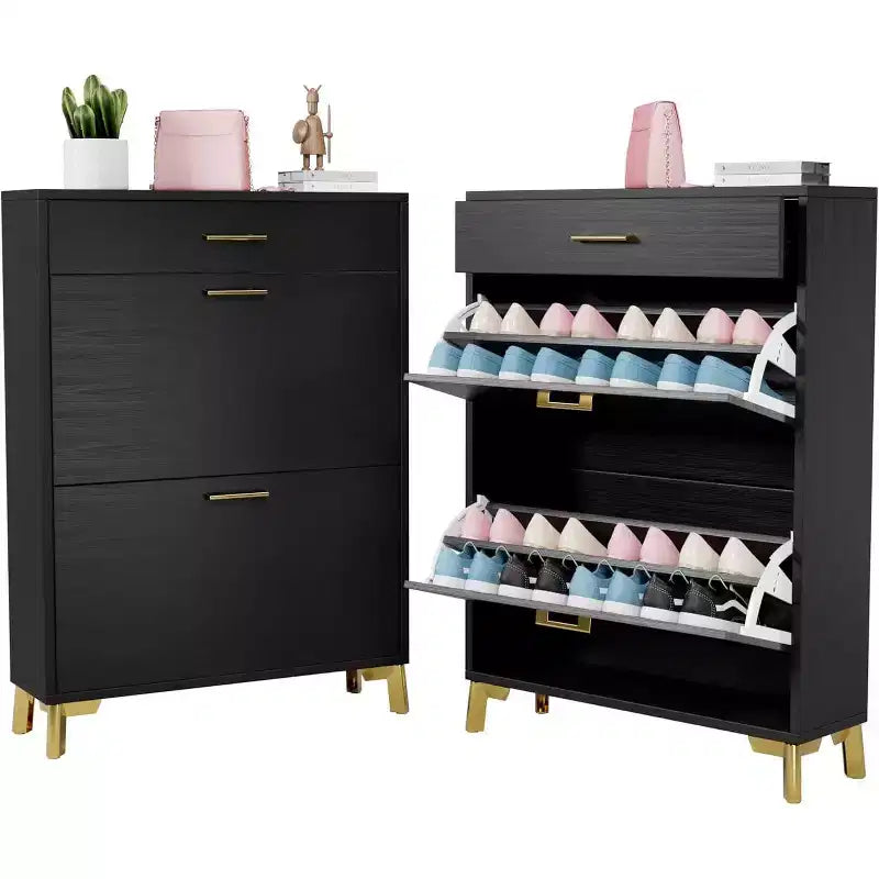 Acekool Shoe Cabinet, Slim 2 Flip Drawer MDF Shoe Organizer with Top Drawer, Anti-Tip, Space-Saving Storage