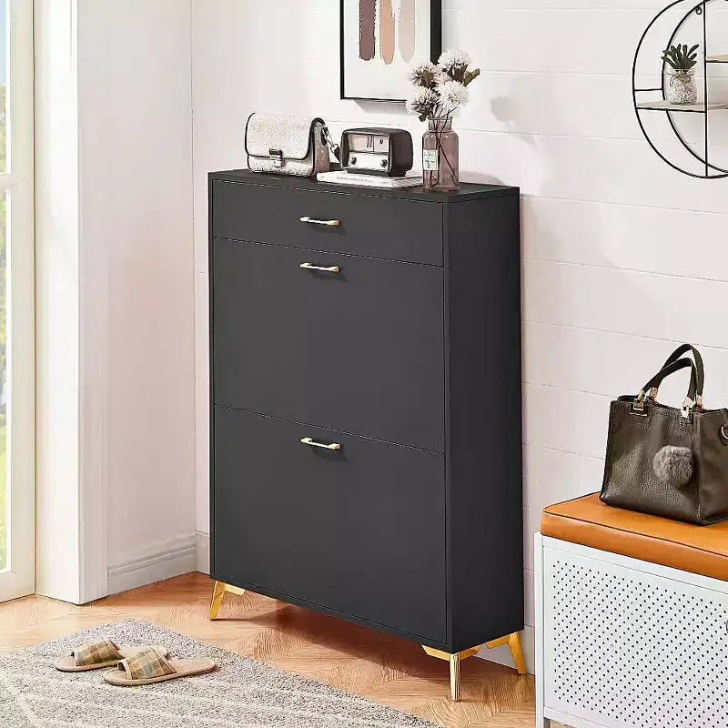 Acekool Shoe Cabinet, Slim 2 Flip Drawer MDF Shoe Organizer with Top Drawer, Anti-Tip, Space-Saving Storage