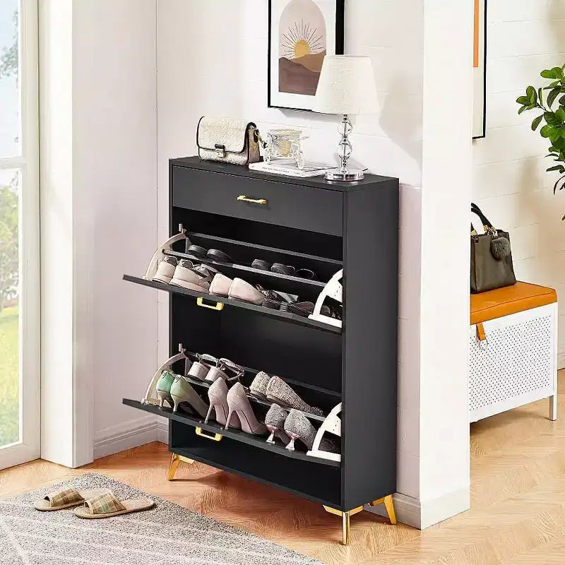 Acekool Shoe Cabinet, Slim 2 Flip Drawer MDF Shoe Organizer with Top Drawer, Anti-Tip, Space-Saving Storage