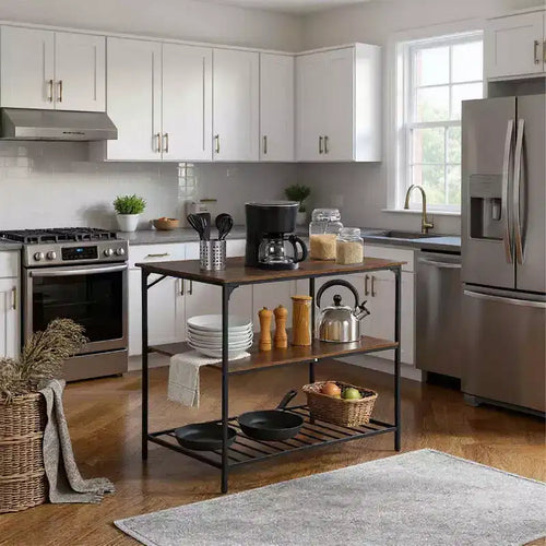 FDW 3-Tier Kitchen Island Storage Kitchen Counter with Adjustable Feet Thick Board Top and Solid Metal, Brown