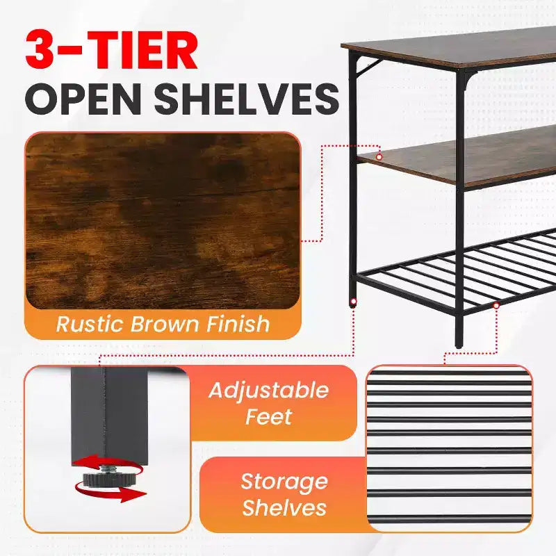 FDW 3-Tier Kitchen Island Storage Kitchen Counter with Adjustable Feet Thick Board Top and Solid Metal, Brown
