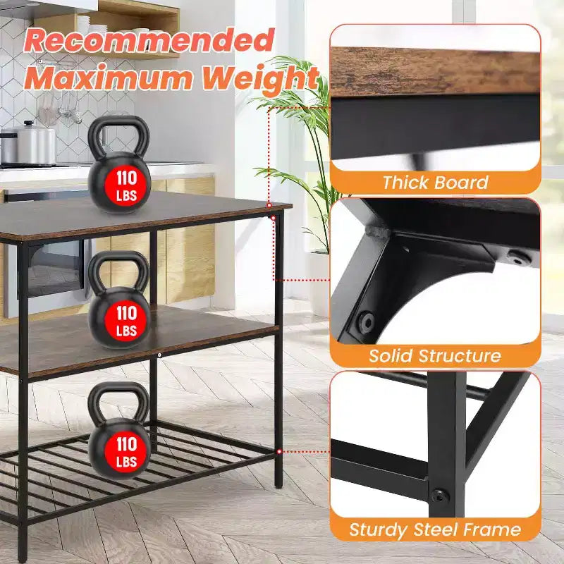 FDW 3-Tier Kitchen Island Storage Kitchen Counter with Adjustable Feet Thick Board Top and Solid Metal, Brown