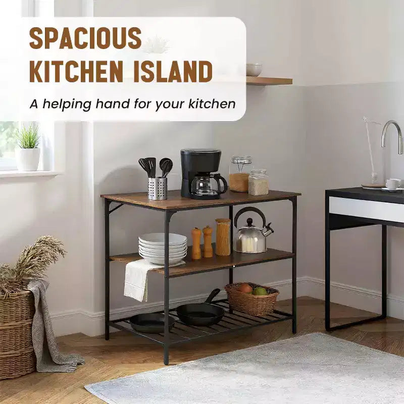 FDW 3-Tier Kitchen Island Storage Kitchen Counter with Adjustable Feet Thick Board Top and Solid Metal, Brown
