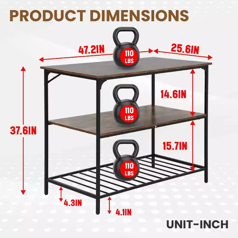FDW 3-Tier Kitchen Island Storage Kitchen Counter with Adjustable Feet Thick Board Top and Solid Metal, Brown