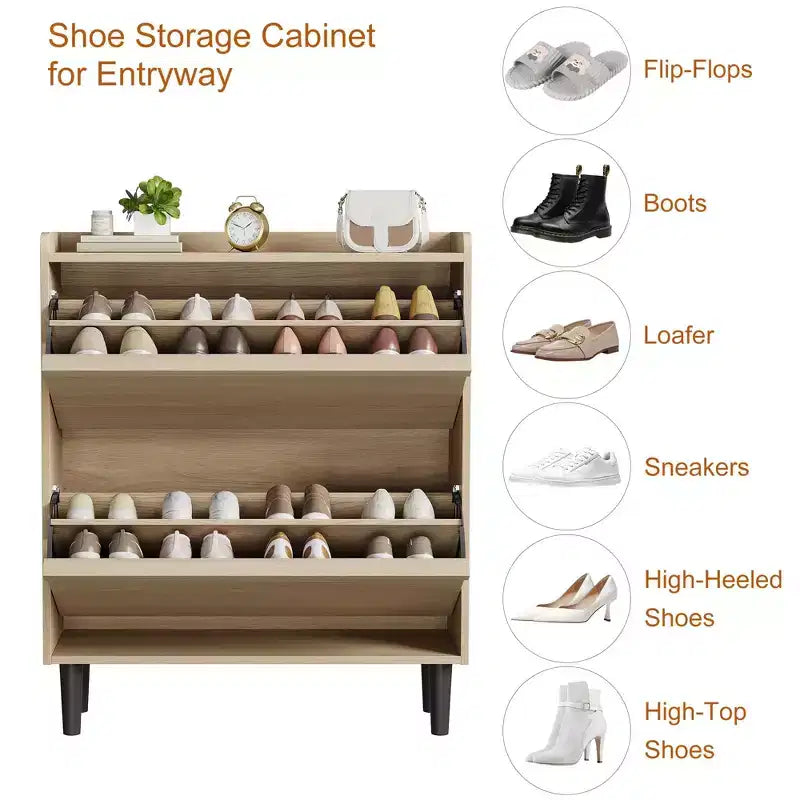 Wooden Shoe Cabinet with 2 Flip Drawers with Adjustable Shelf for Entryway, Hallway, Living Room