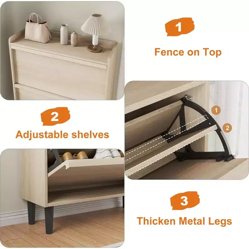 Wooden Shoe Cabinet with 2 Flip Drawers with Adjustable Shelf for Entryway, Hallway, Living Room