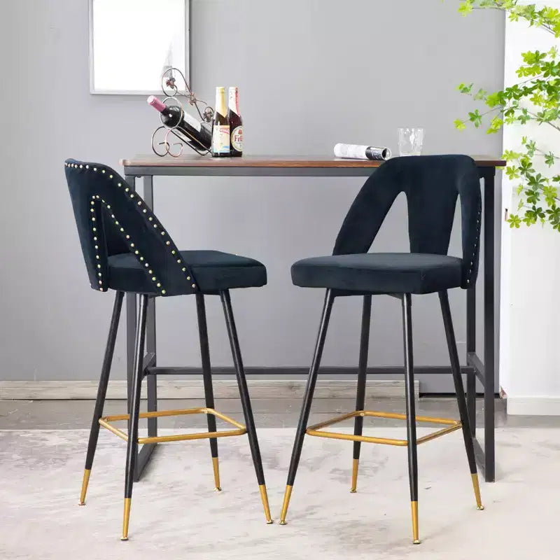 TROPOW Velvet Bar Stools with Back Support and Footrest, Upholstered Kitchen Chairs, Wide Cushion Counter Stools for Bar Cafe, Set of 2, 28 Black