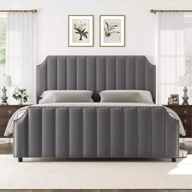 California King Size Platform Bed Frame with 50.2 Tall Headboard, Velvet Upholstered Bed with Vertical Channel Tufted Headboard & Footboard
