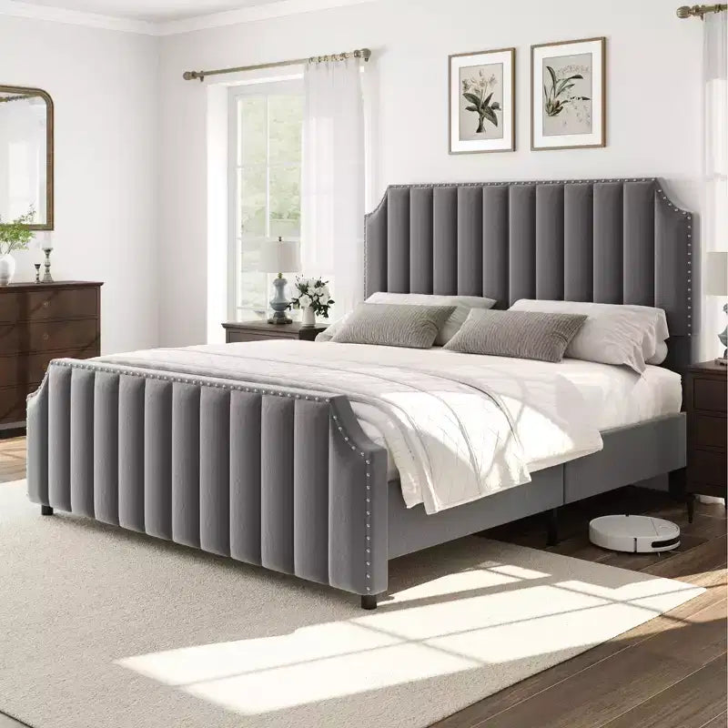 California King Size Platform Bed Frame with 50.2 Tall Headboard, Velvet Upholstered Bed with Vertical Channel Tufted Headboard & Footboard