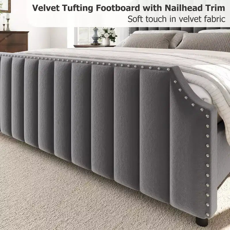 California King Size Platform Bed Frame with 50.2 Tall Headboard, Velvet Upholstered Bed with Vertical Channel Tufted Headboard & Footboard