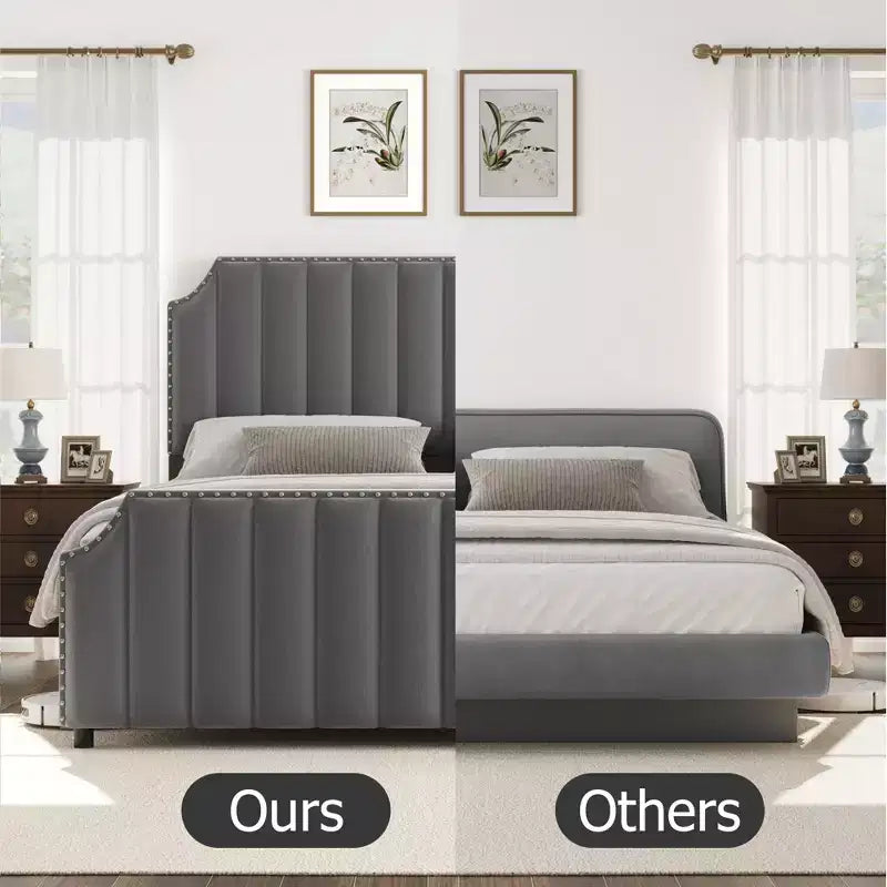 California King Size Platform Bed Frame with 50.2 Tall Headboard, Velvet Upholstered Bed with Vertical Channel Tufted Headboard & Footboard
