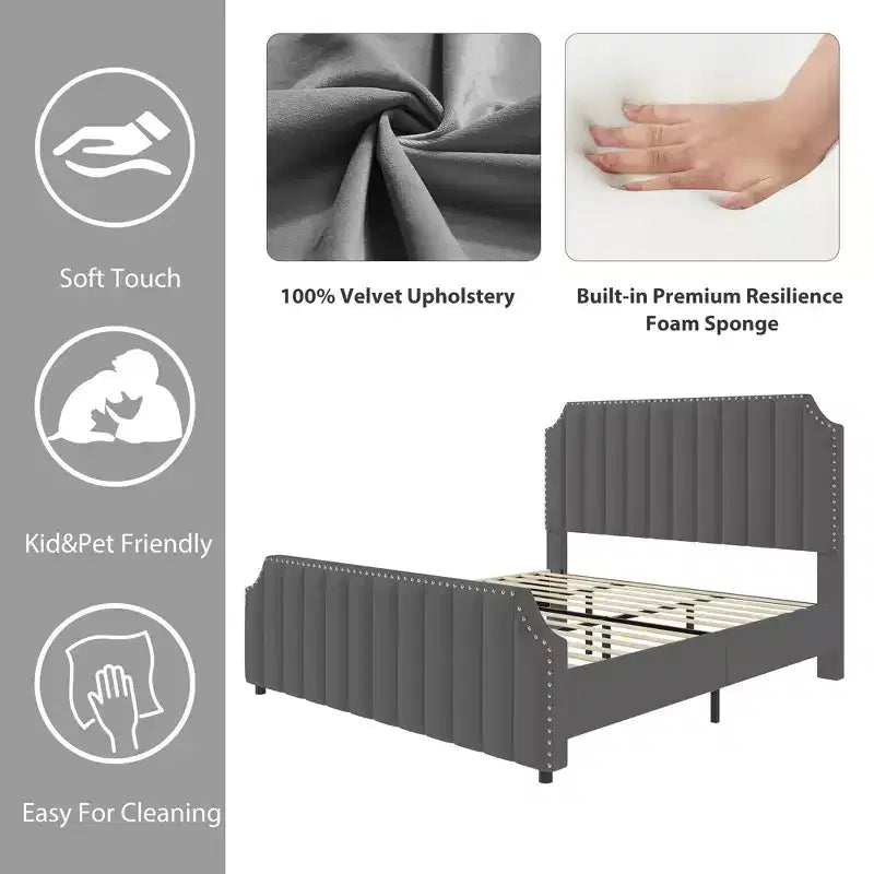 California King Size Platform Bed Frame with 50.2 Tall Headboard, Velvet Upholstered Bed with Vertical Channel Tufted Headboard & Footboard