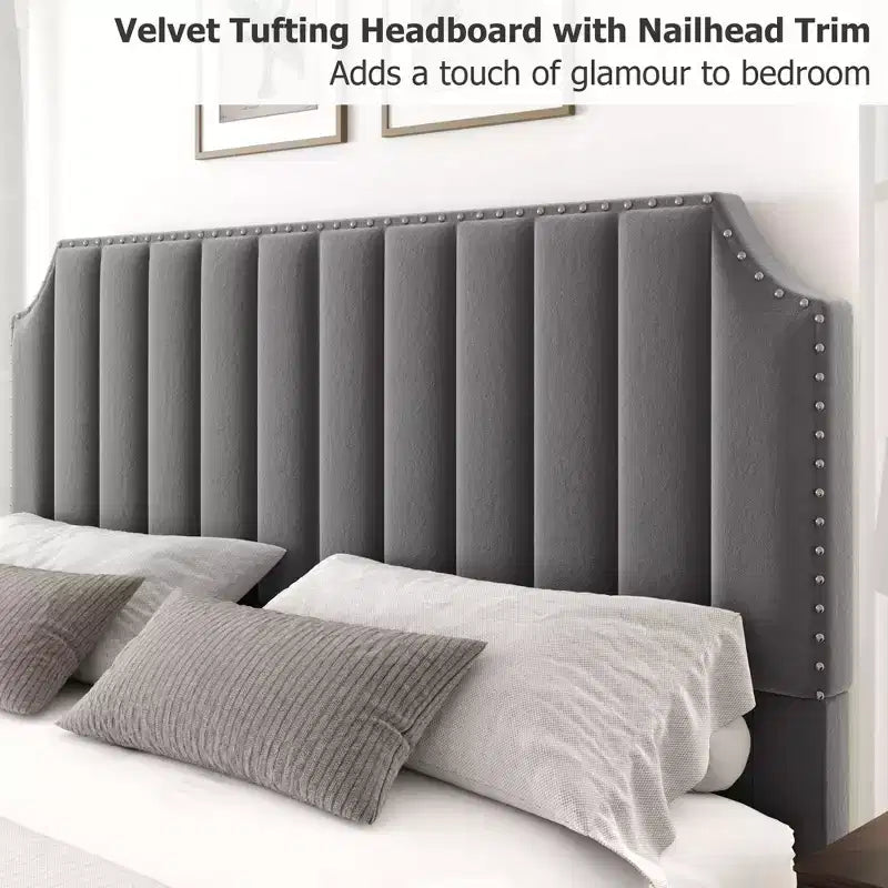 California King Size Platform Bed Frame with 50.2 Tall Headboard, Velvet Upholstered Bed with Vertical Channel Tufted Headboard & Footboard