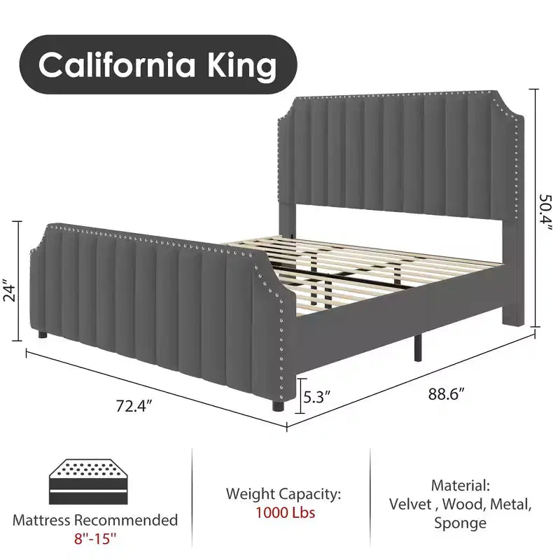 California King Size Platform Bed Frame with 50.2 Tall Headboard, Velvet Upholstered Bed with Vertical Channel Tufted Headboard & Footboard