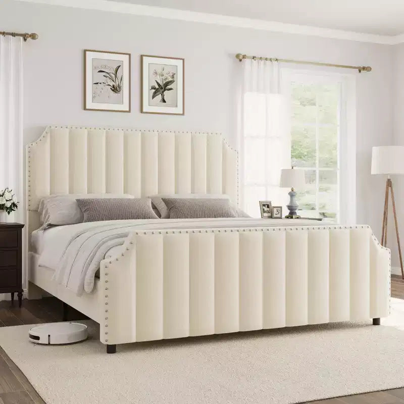 California King Size Platform Bed Frame with 50.2 Tall Headboard, Velvet Upholstered Bed with Vertical Channel Tufted Headboard & Footboard