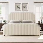 California King Size Platform Bed Frame with 50.2 Tall Headboard, Velvet Upholstered Bed with Vertical Channel Tufted Headboard & Footboard
