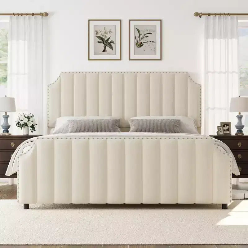 California King Size Platform Bed Frame with 50.2 Tall Headboard, Velvet Upholstered Bed with Vertical Channel Tufted Headboard & Footboard