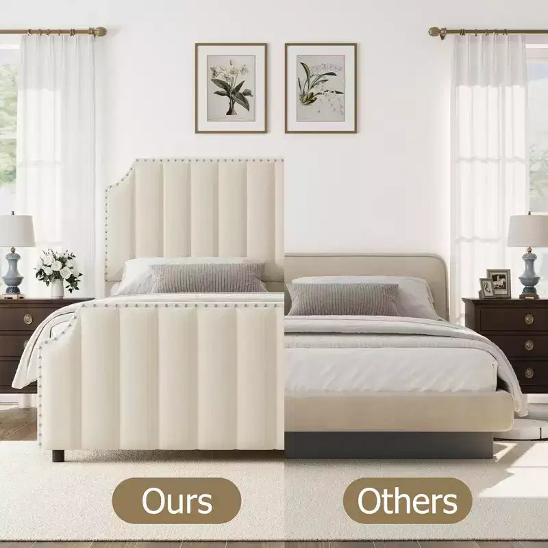 California King Size Platform Bed Frame with 50.2 Tall Headboard, Velvet Upholstered Bed with Vertical Channel Tufted Headboard & Footboard