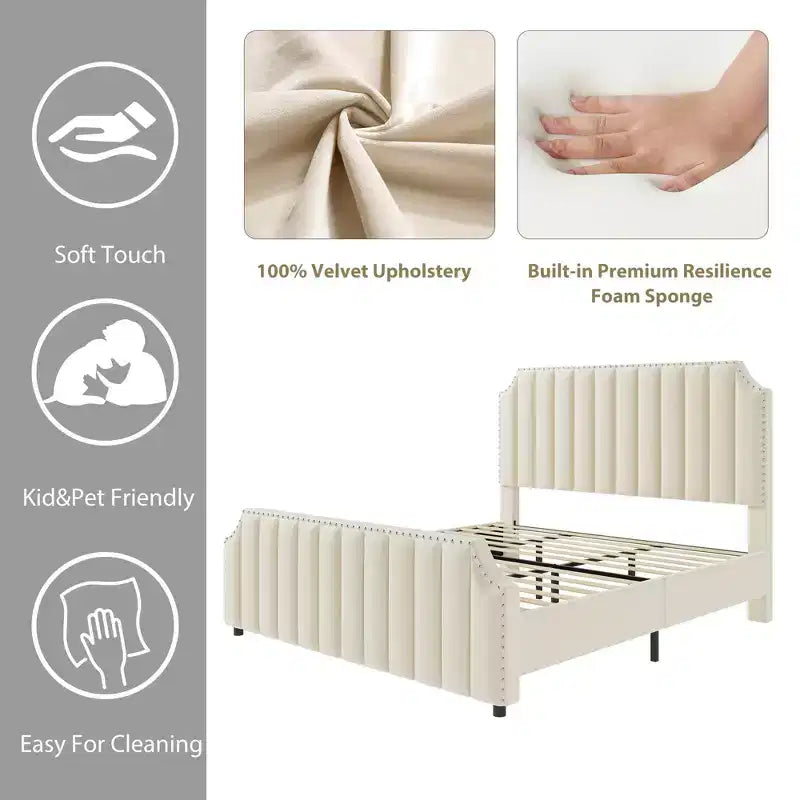 California King Size Platform Bed Frame with 50.2 Tall Headboard, Velvet Upholstered Bed with Vertical Channel Tufted Headboard & Footboard