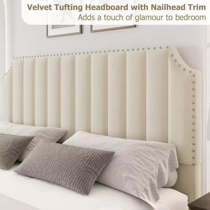 California King Size Platform Bed Frame with 50.2 Tall Headboard, Velvet Upholstered Bed with Vertical Channel Tufted Headboard & Footboard