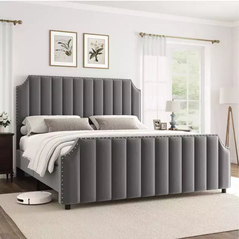 California King Size Platform Bed Frame with 50.2 Tall Headboard, Velvet Upholstered Bed with Vertical Channel Tufted Headboard & Footboard
