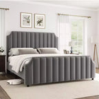 California King Size Platform Bed Frame with 50.2 Tall Headboard, Velvet Upholstered Bed with Vertical Channel Tufted Headboard & Footboard