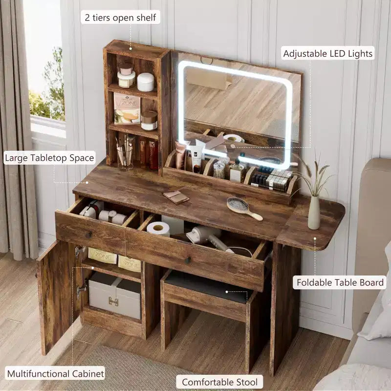 GustoWave Vanity Table Set with Illuminated Mirror, Storage Stool & Expandable Top - Makeup Dressing Desk with Cabinet & Shelves