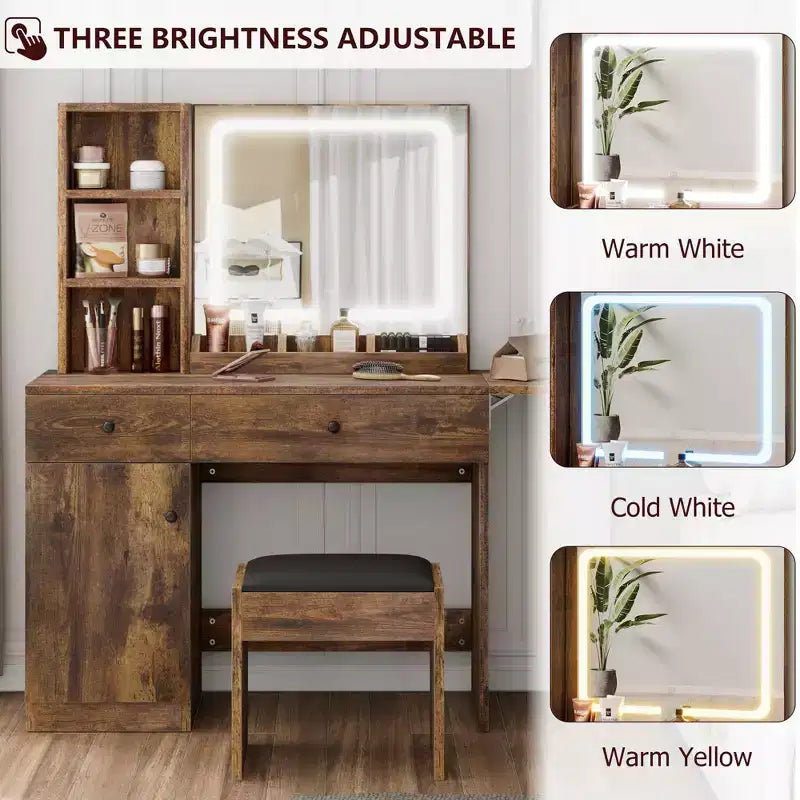 GustoWave Vanity Table Set with Illuminated Mirror, Storage Stool & Expandable Top - Makeup Dressing Desk with Cabinet & Shelves
