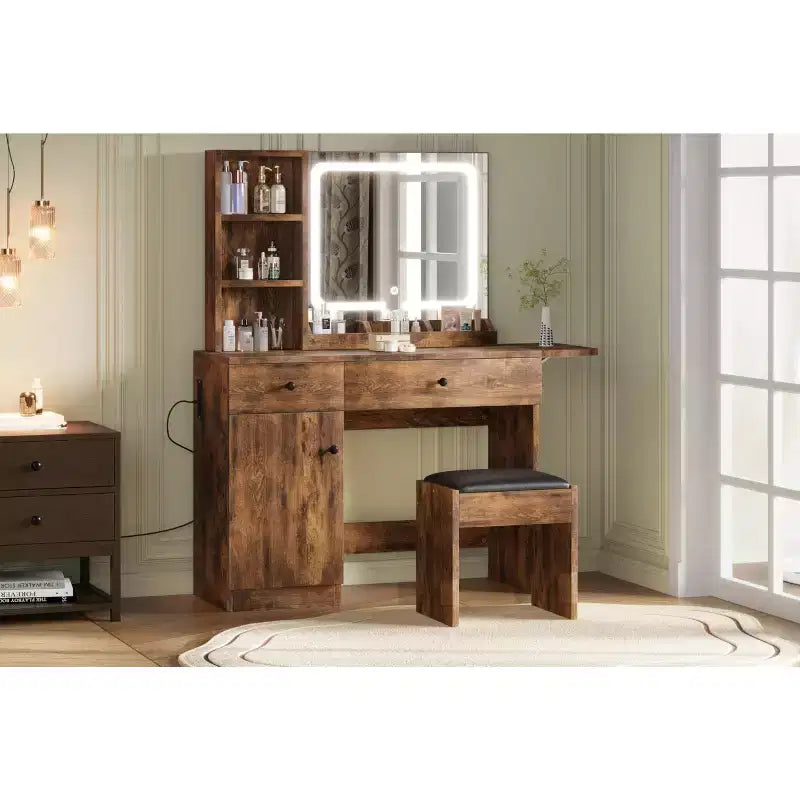 GustoWave Vanity Table Set with Illuminated Mirror, Storage Stool & Expandable Top - Makeup Dressing Desk with Cabinet & Shelves