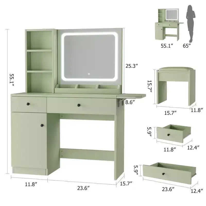 GustoWave Vanity Table Set with Illuminated Mirror, Storage Stool & Expandable Top - Makeup Dressing Desk with Cabinet & Shelves