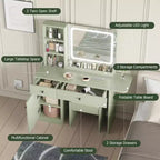 GustoWave Vanity Table Set with Illuminated Mirror, Storage Stool & Expandable Top - Makeup Dressing Desk with Cabinet & Shelves