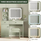 GustoWave Vanity Table Set with Illuminated Mirror, Storage Stool & Expandable Top - Makeup Dressing Desk with Cabinet & Shelves