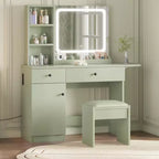 GustoWave Vanity Table Set with Illuminated Mirror, Storage Stool & Expandable Top - Makeup Dressing Desk with Cabinet & Shelves