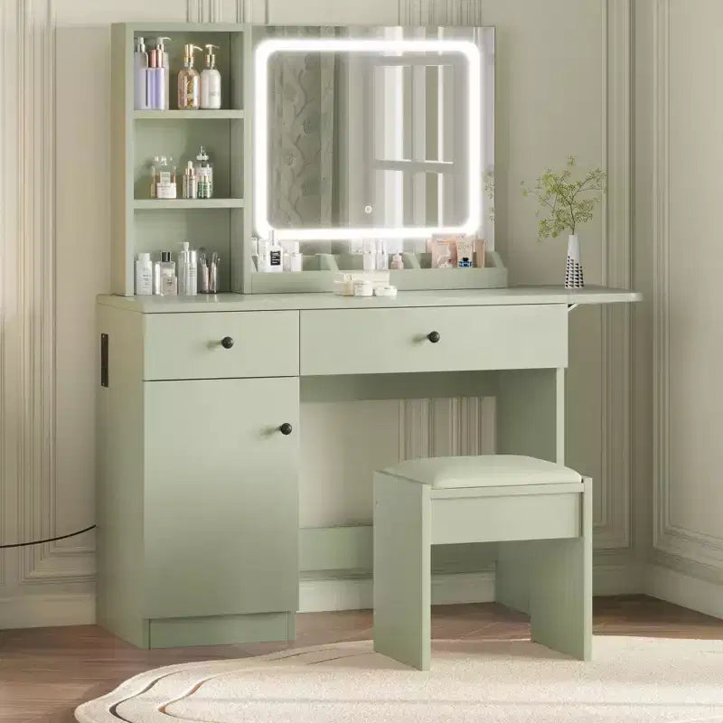 GustoWave Vanity Table Set with Illuminated Mirror, Storage Stool & Expandable Top - Makeup Dressing Desk with Cabinet & Shelves
