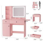 GustoWave Vanity Table Set with Illuminated Mirror, Storage Stool & Expandable Top - Makeup Dressing Desk with Cabinet & Shelves