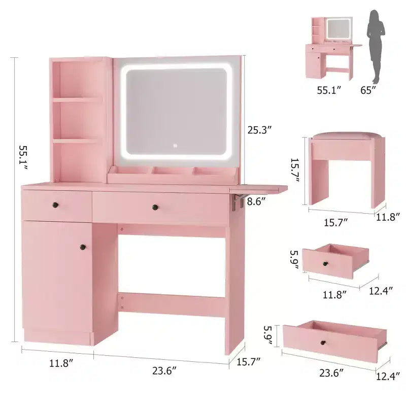 GustoWave Vanity Table Set with Illuminated Mirror, Storage Stool & Expandable Top - Makeup Dressing Desk with Cabinet & Shelves
