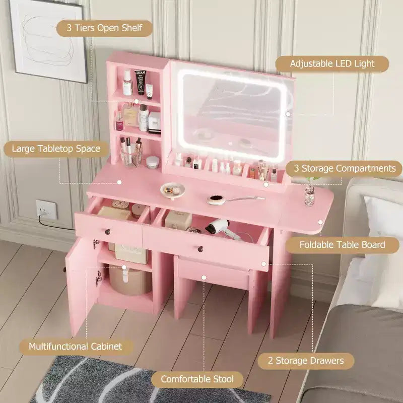 GustoWave Vanity Table Set with Illuminated Mirror, Storage Stool & Expandable Top - Makeup Dressing Desk with Cabinet & Shelves