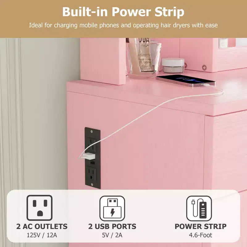 GustoWave Vanity Table Set with Illuminated Mirror, Storage Stool & Expandable Top - Makeup Dressing Desk with Cabinet & Shelves