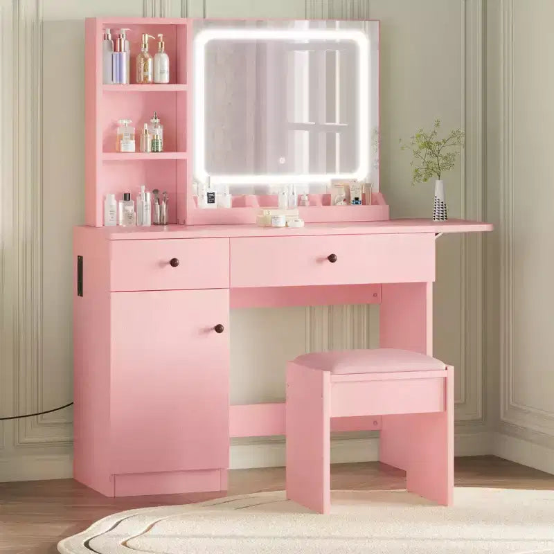 GustoWave Vanity Table Set with Illuminated Mirror, Storage Stool & Expandable Top - Makeup Dressing Desk with Cabinet & Shelves